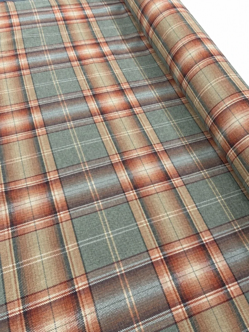 Plaid Tartan Woven Decorator Fabric Sage Blue Rust Tan Cream PER YARD